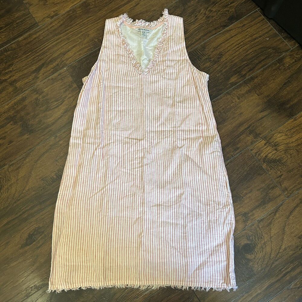 Tommy Bahama Womens Linen Dress M Striped Sleeveless Pink Raw Edge Cabana Shift